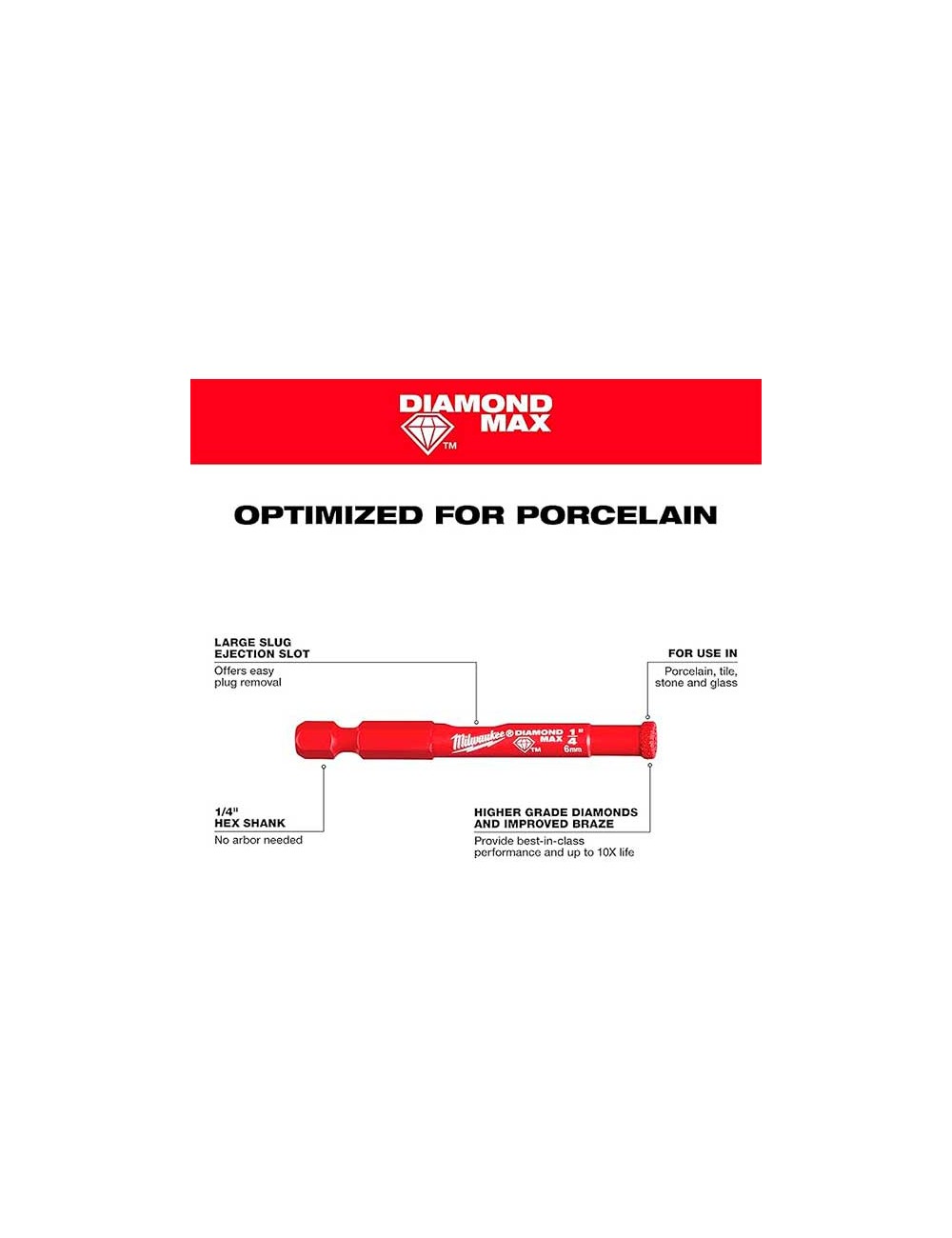 Foto de BROCA PORCELANICO DIAMOND PLUS 1/4" HEX. 6mm MILWAUKEE 
