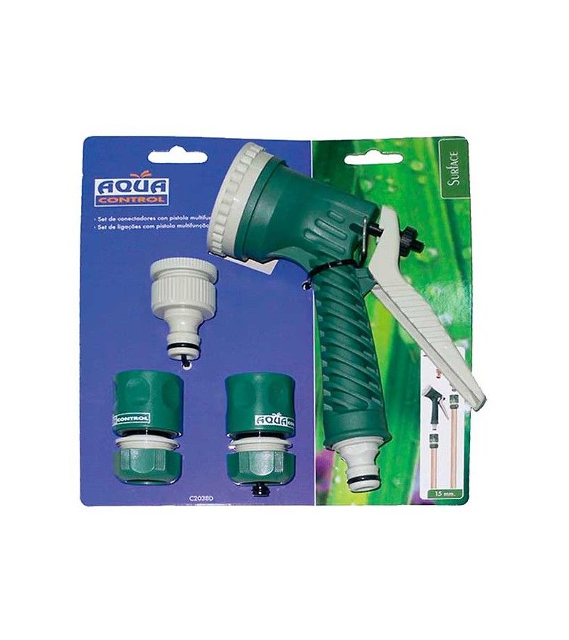 Foto de PISTOLA 5 FUNCIONES+ACCESORIOS DE RIEGO VERDE 15mm AQUA. 