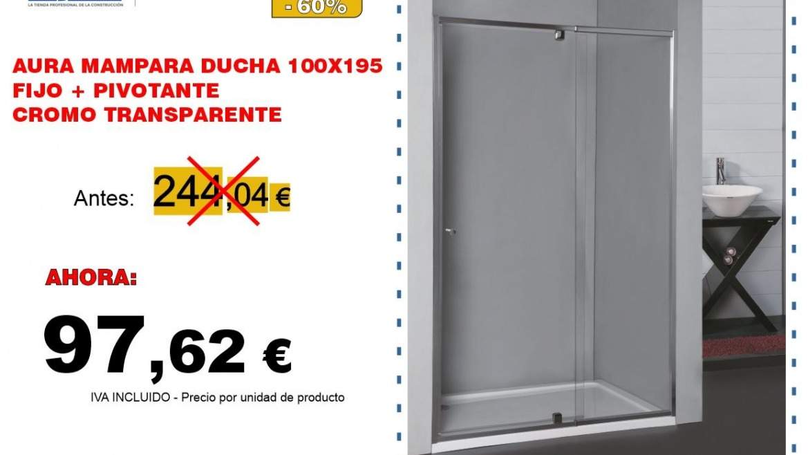 AURA MAMPARA DUCHA 100X195 FIJO+PIVOTANTE CROMO TRANSP.