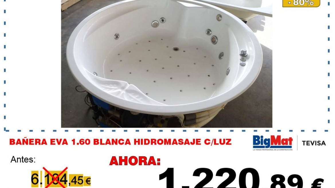 BAÑERA EVA 1.60 BLANCA HIDROMASAJE C/LUZ