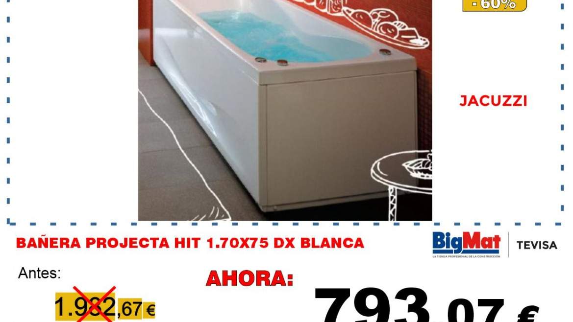 BAÑERA PROJECTA HIT 1.70X75 DX BLANCA