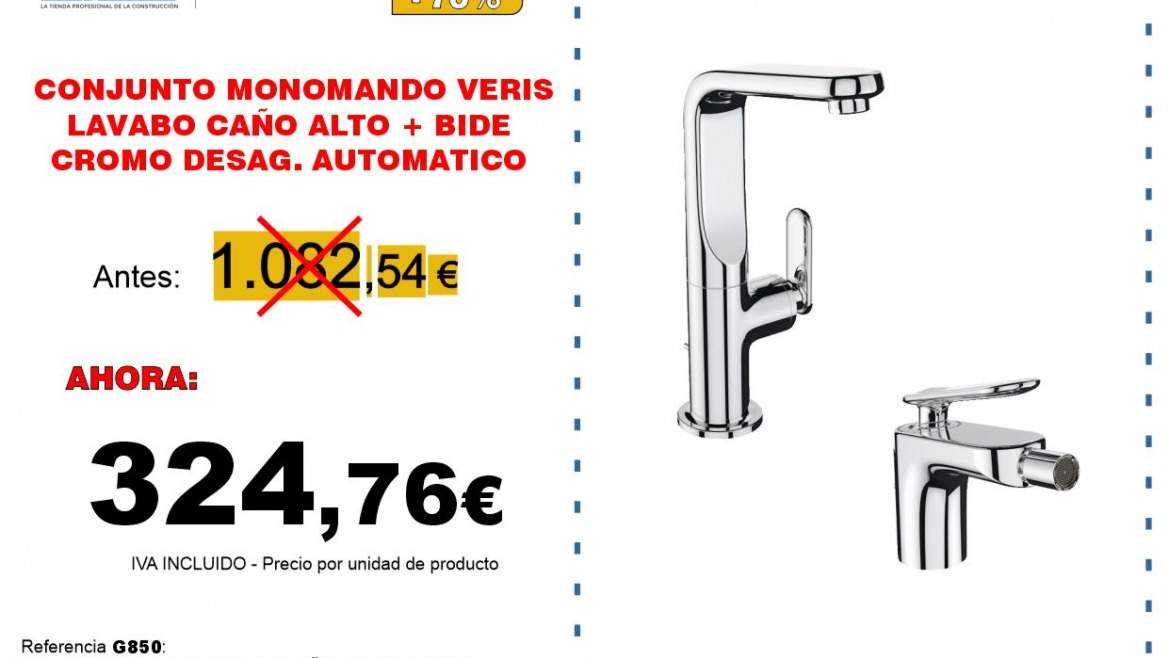 CONJUNTO MONOMANDO LAVABO CAÑO ALTO + BIDE VERIS CROMO