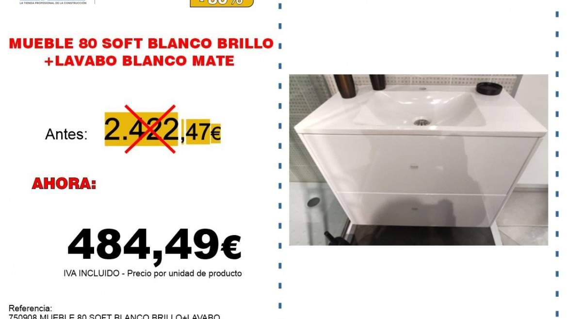 MUEBLE 80 SOFT BLANCO BRILLO+LAVABO BLANCO MATE